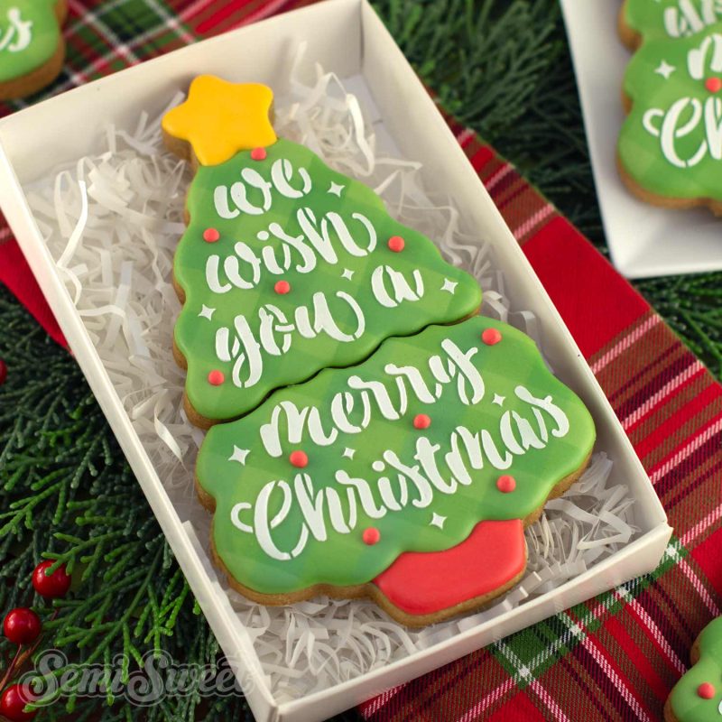 We wish you merry christmas tree cookie square