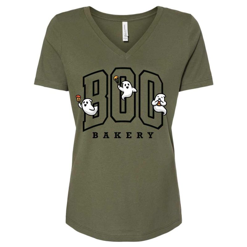 boo bakery ghosts vneck military green