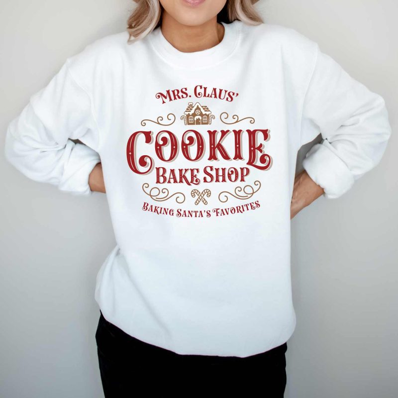 mrs claus cookie bake shop white sweatshirt