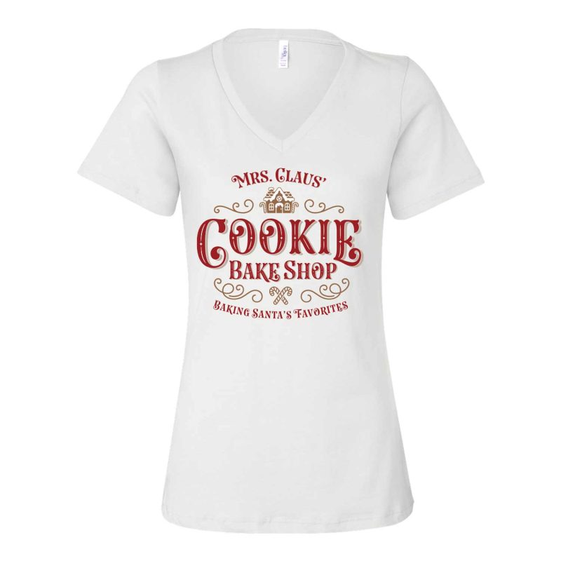 mrs claus cookie bake shop white vneck