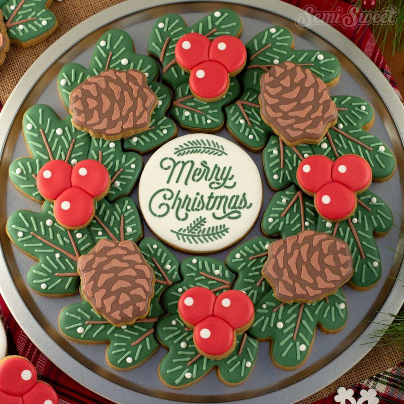 pine wreath cookie platter square