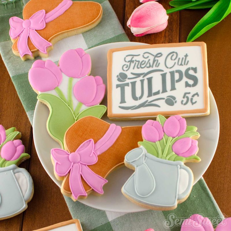 tulip watering can cookies plate